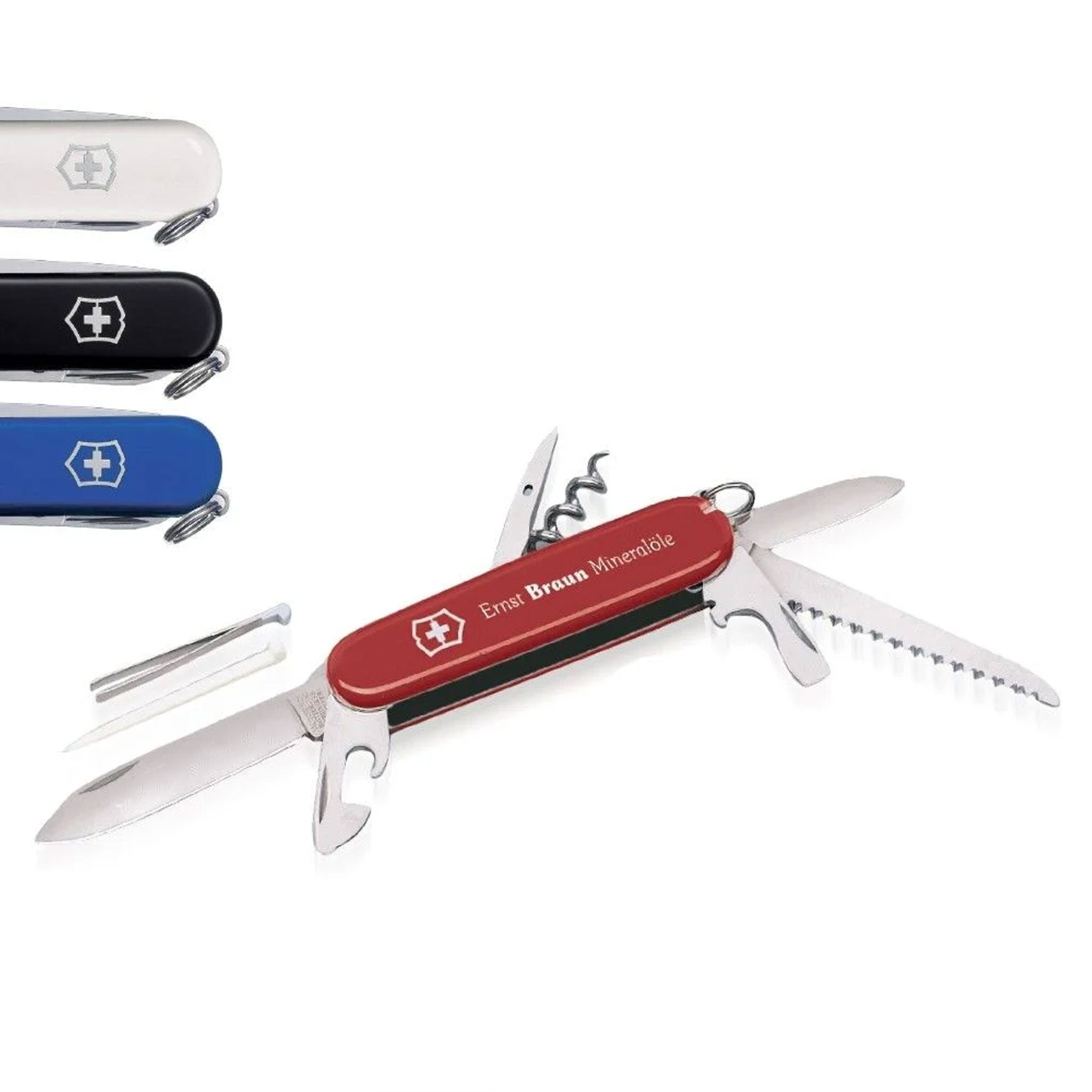 VICTORINOX Schweizer Messer Camper mit Lasergravur auf der Klinge, geöffnet in Rot, daneben Farbvarianten in Weiß, Schwarz und Blau