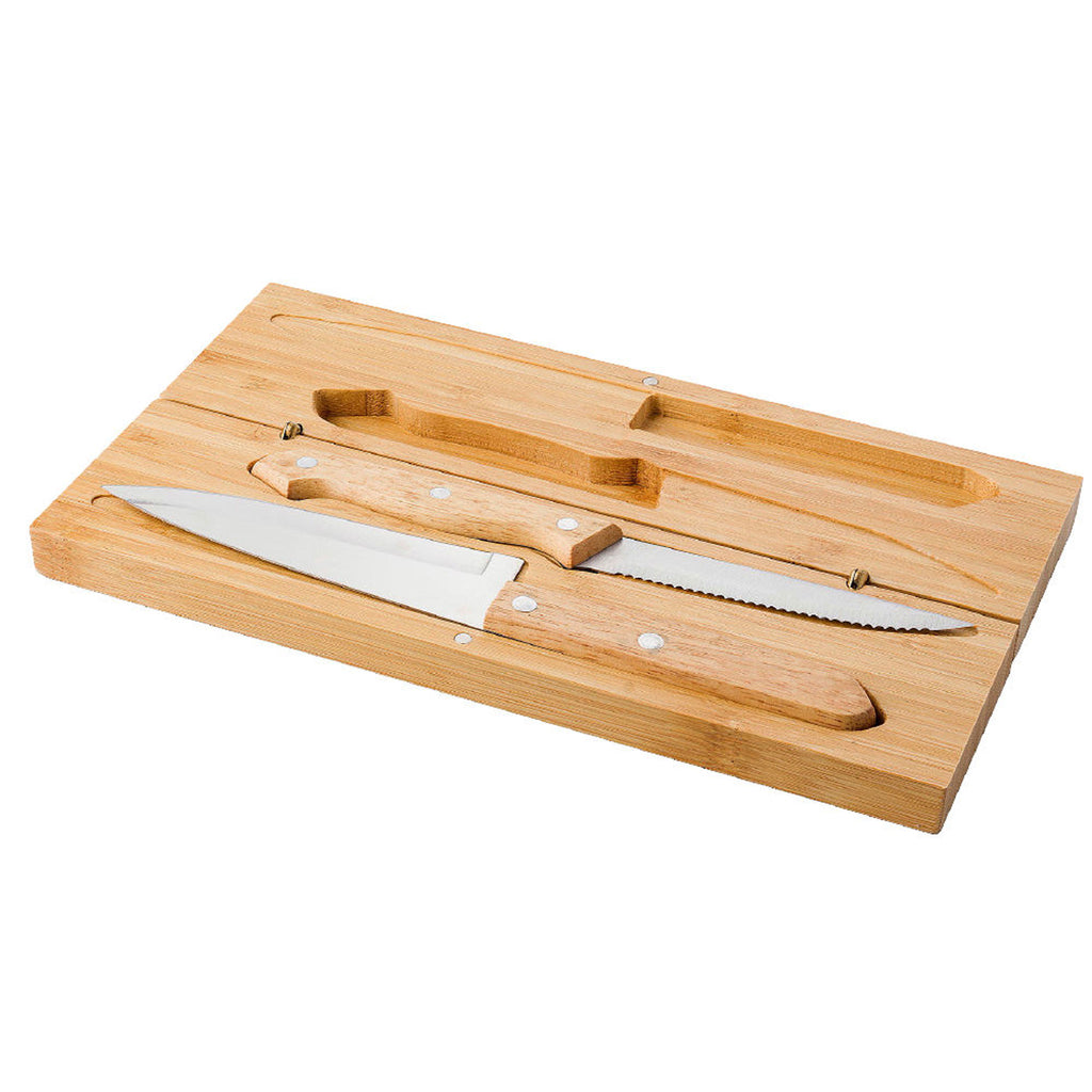 Bambus-Messer-Set Tony geöffnet mit glattem Messer und Sägemesser in der Box