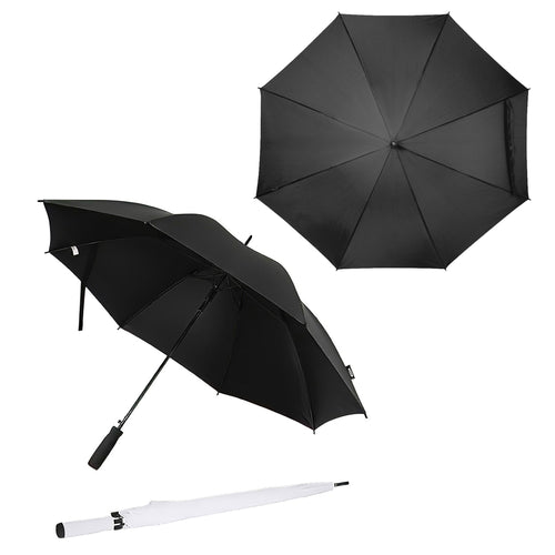 Geöffneter Black and White Automatikschirm in Schwarz & Oberansicht sowie geschlossene weiße Variante im Vergleich