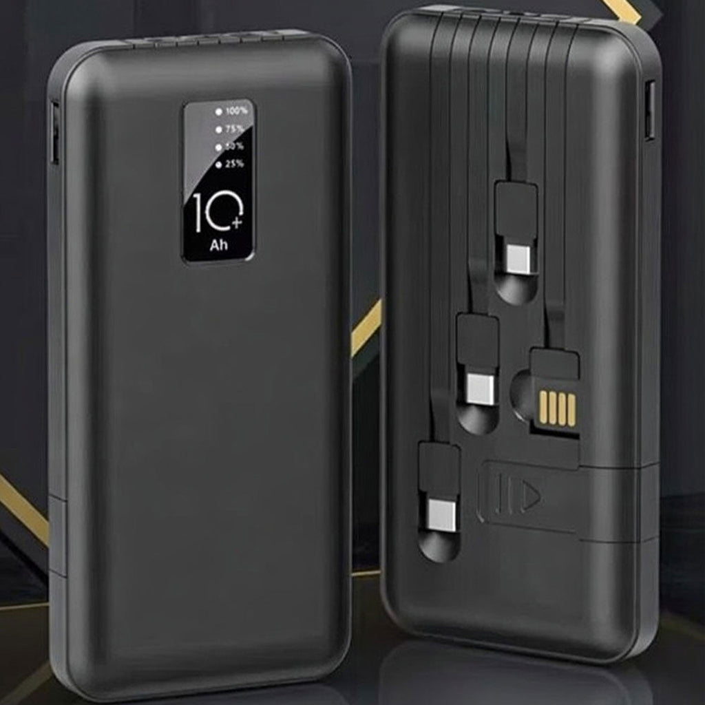 Schwarze Powerbank mit integriertem 4-in-1-Ladekabel