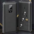 Schwarze Powerbank mit integriertem 4-in-1-Ladekabel