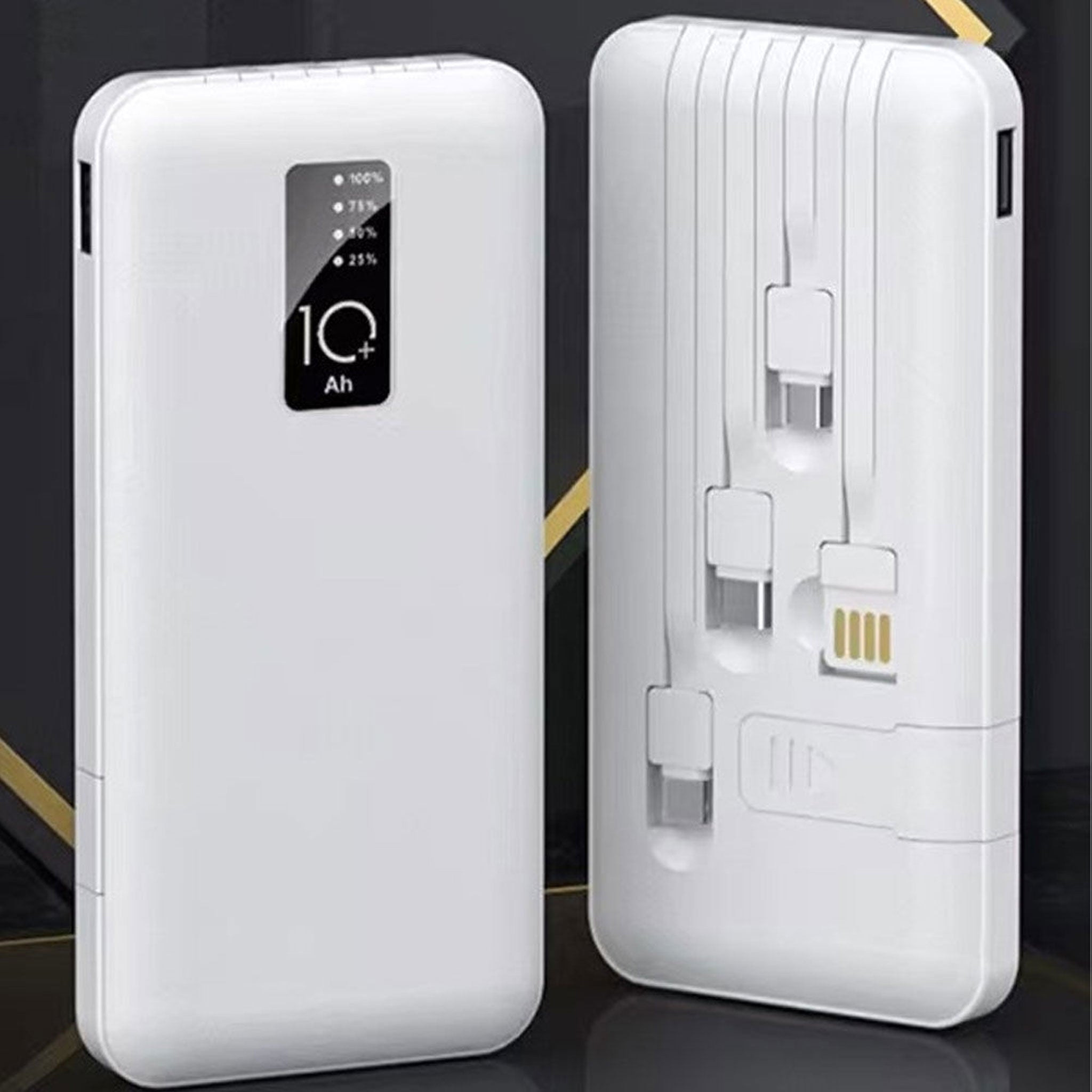 Weiße Powerbank mit integriertem 4-in-1-Ladekabel