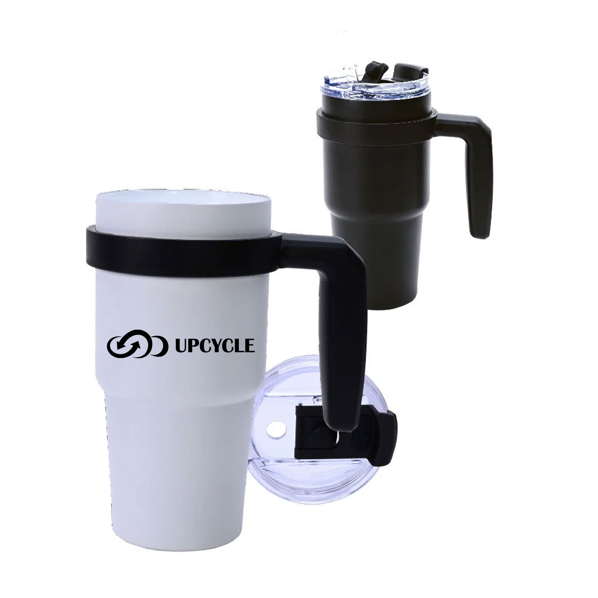 Black and White Thermobecher mit Henkel mit zerlegtem Deckel sowie weiße Variante mit Lasergravur