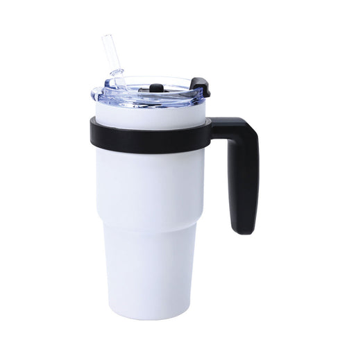 Black and White Thermobecher mit Henkel in Weiß mit Trinkhalm und transparentem Deckel