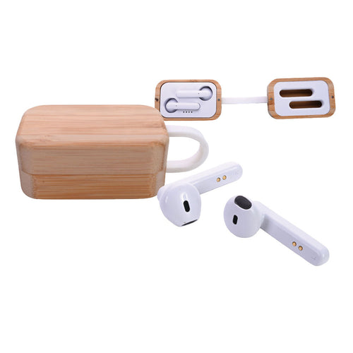 Bluetooth Kopfhörer in Bambusbox mit Ladecase und Ladeanzeige