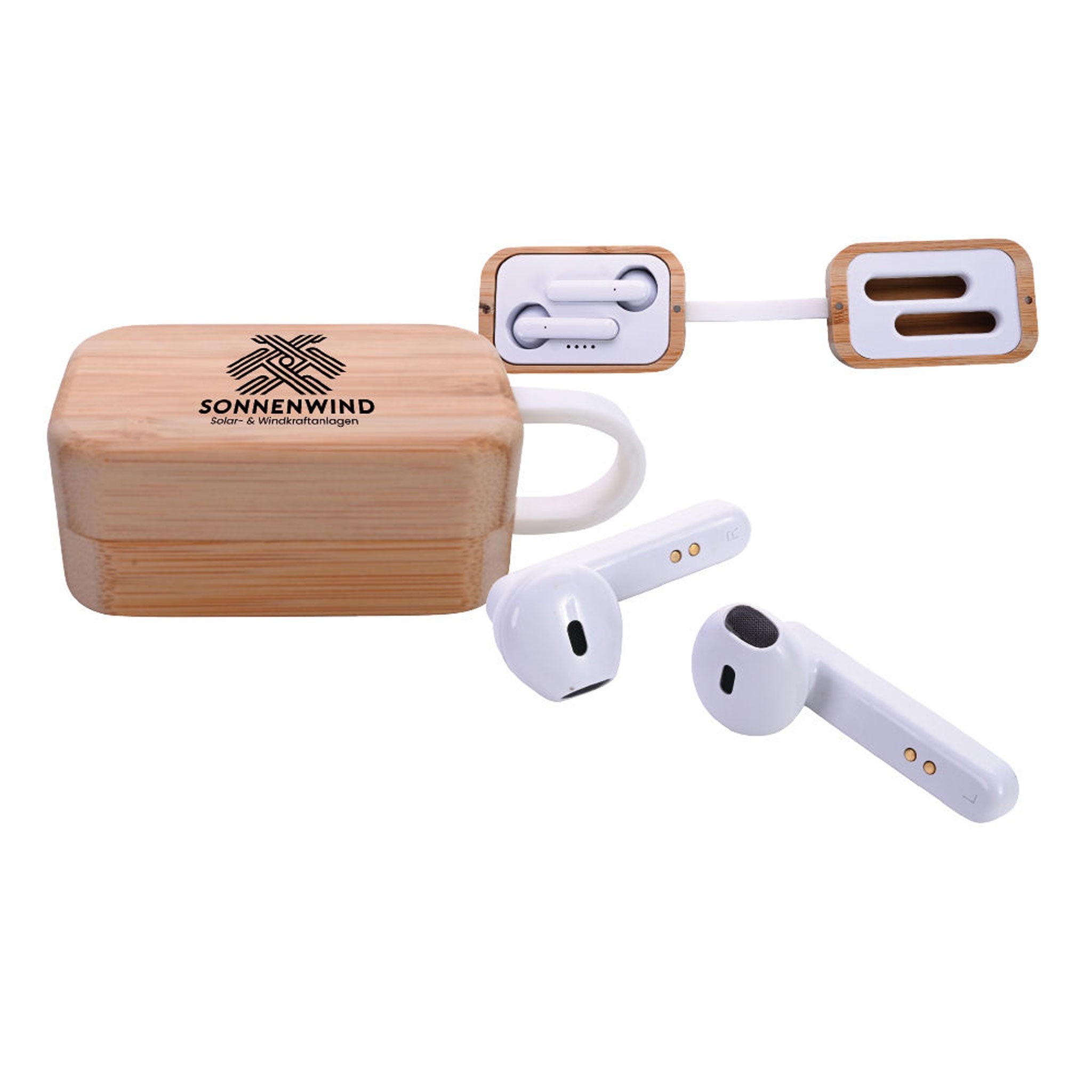 Bluetooth Kopfhörer in Bambusbox mit Druck auf der Oberseite