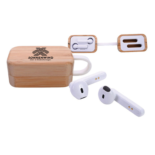 Bluetooth Kopfhörer in Bambusbox mit Druck auf der Oberseite