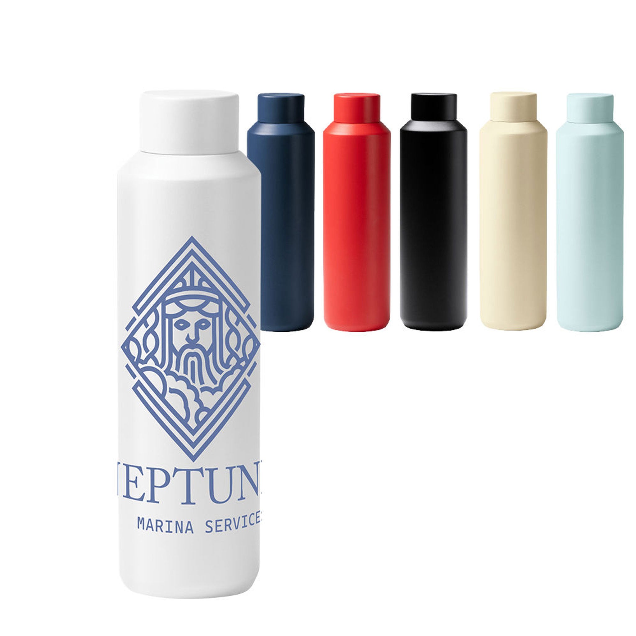 Doppelwandige Thermoflasche aus recyceltem Edelstahl in Weiß mit Motiv und Farbvarianten in Blau, Rot, Schwarz, Beige und Mint