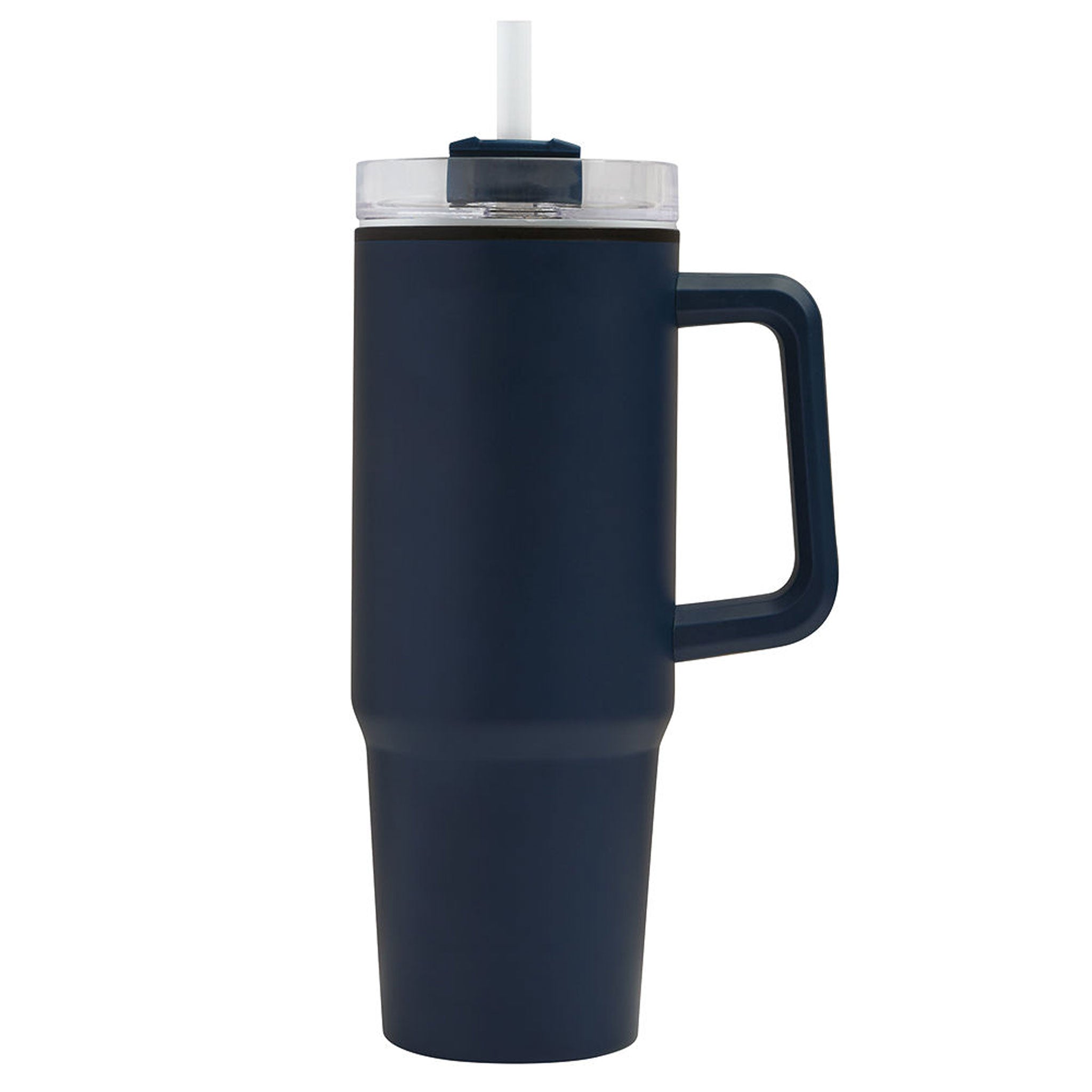 Doppelwandiger Trinkbecher Drink ULTY in Marineblau mit Henkel, transparentem Deckel und Strohhalm