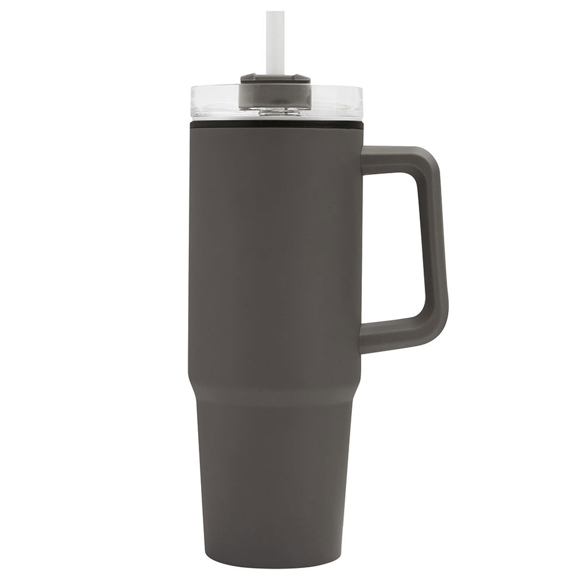 Doppelwandiger Trinkbecher Drink ULTY in Grau mit Henkel, transparentem Deckel und Strohhalm