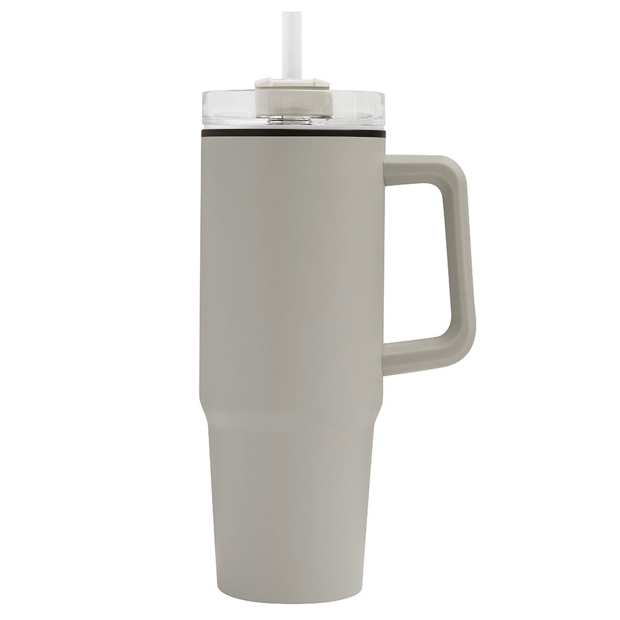 Doppelwandiger Trinkbecher Drink ULTY in Silber mit Henkel, transparentem Deckel und Strohhalm