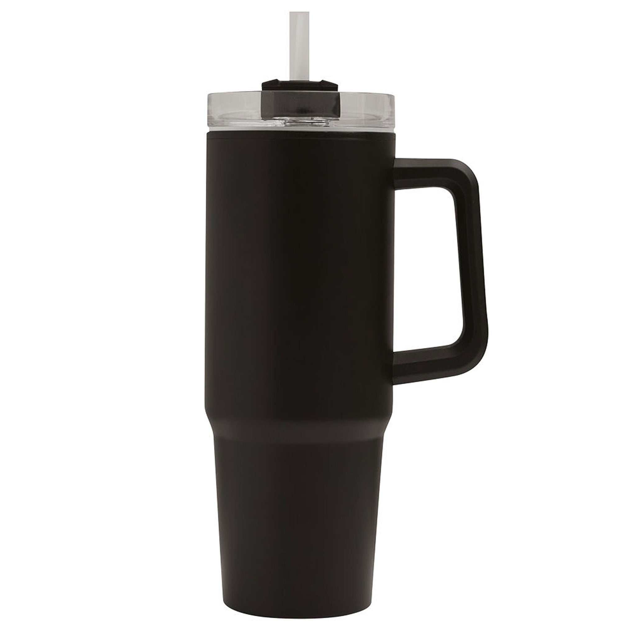 Doppelwandiger Trinkbecher Drink ULTY in Schwarz mit Henkel, transparentem Deckel und Strohhalm