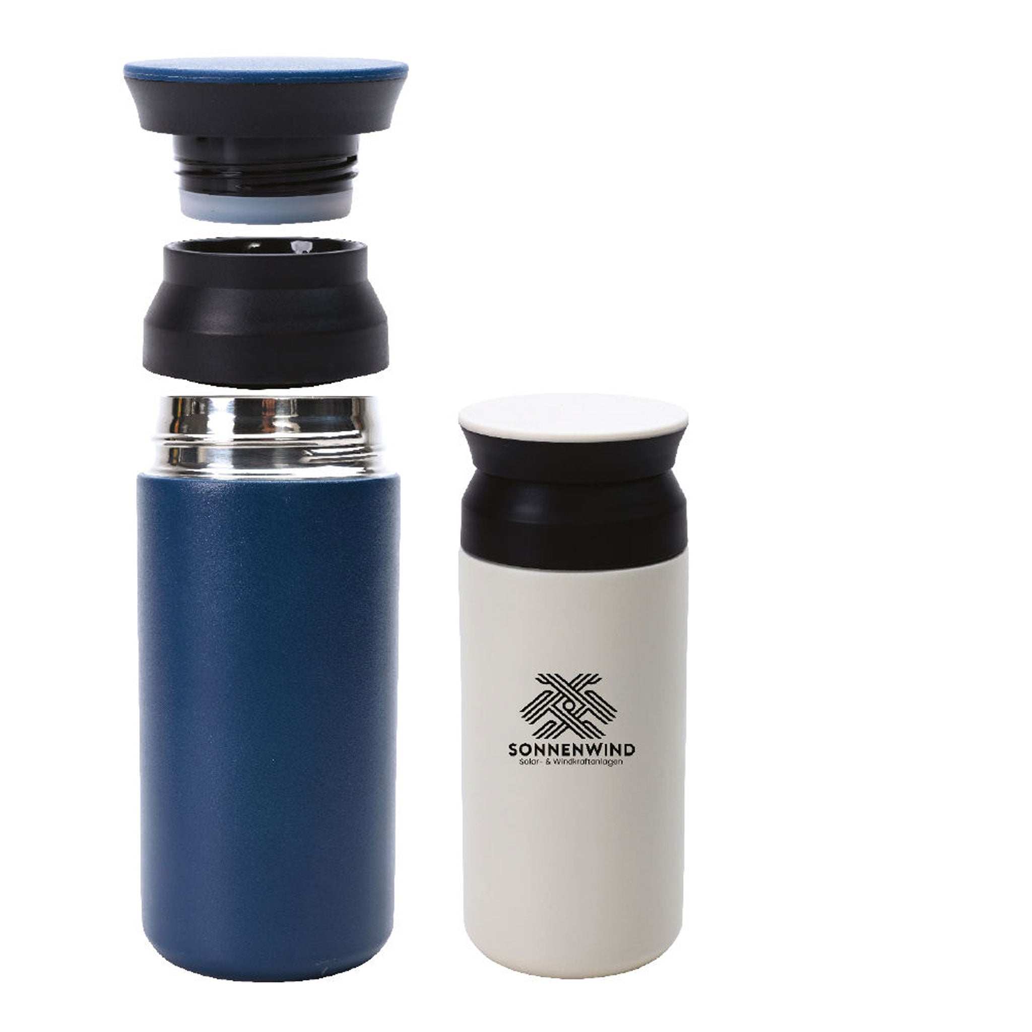 Edelstahl Doppelwandbecher 350ml Gwen in Blau mit zerlegtem Deckel und weiße Variante mit Druck