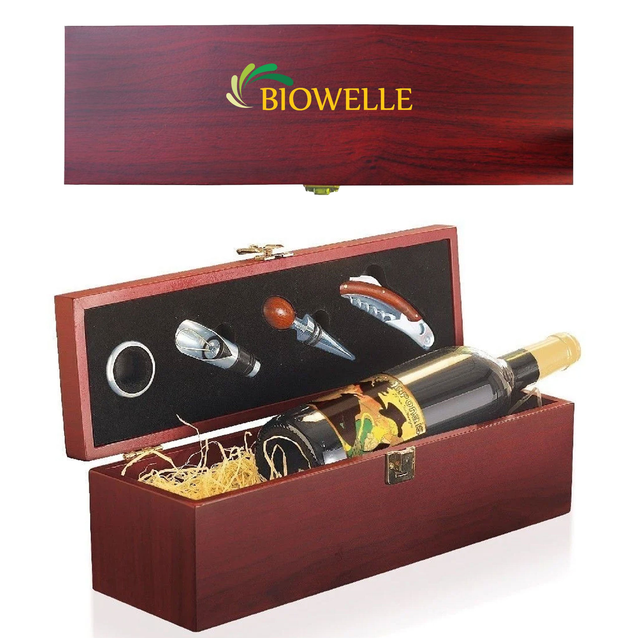 Edle Holzkiste für Wein mit Werbedruck auf dem Deckel und integriertem Flaschenzubehör