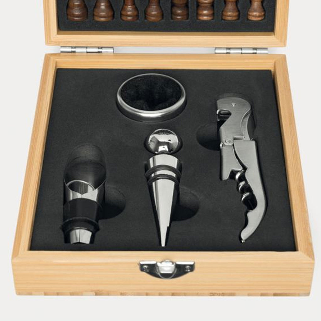 Elegantes Weinset in Bambusbox mit Kellnermesser, Tropfring, Flaschenverschluss und Ausgießer