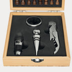 Elegantes Weinset in Bambusbox mit Kellnermesser, Tropfring, Flaschenverschluss und Ausgießer