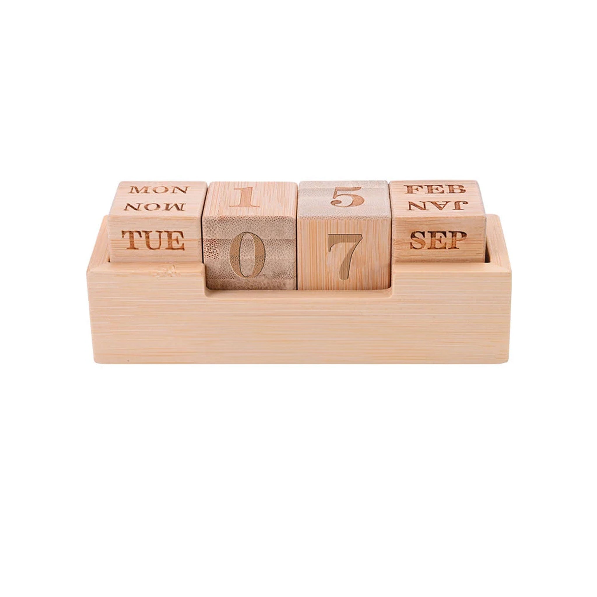 Ewiger Tischkalender aus Bambus mit gravierten Holzblöcken
