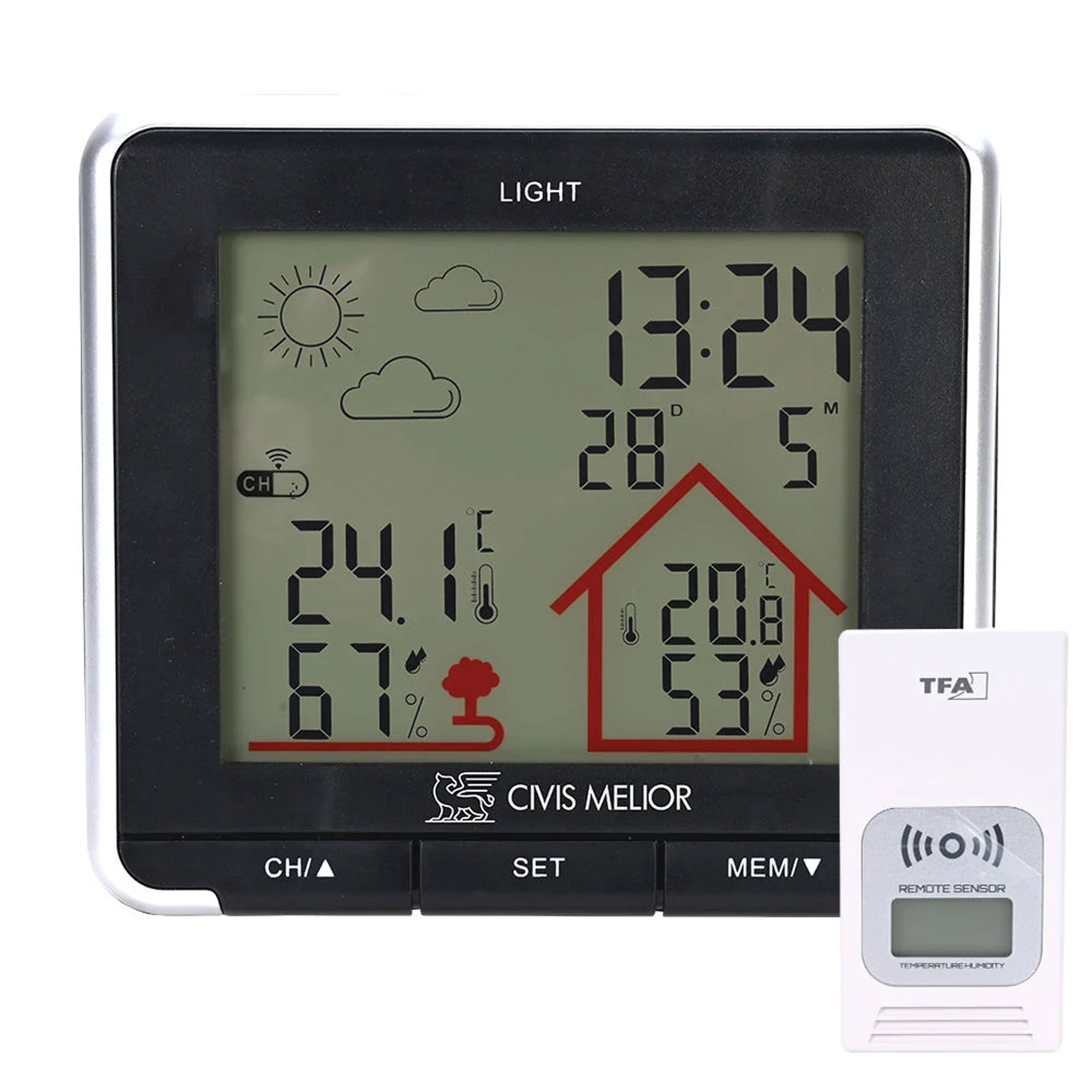 Schwarze Funk-Wetterstation LIFE mit Druck und separatem Funksender