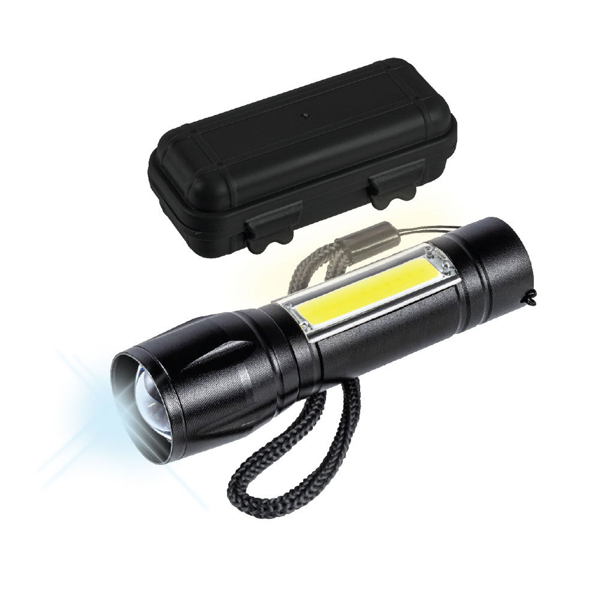 LED-Taschenlampe Reeves-Augusta aus schwarzem Metall mit leuchtender Hauptlampe und schwarzer Aufbewahrungsbox