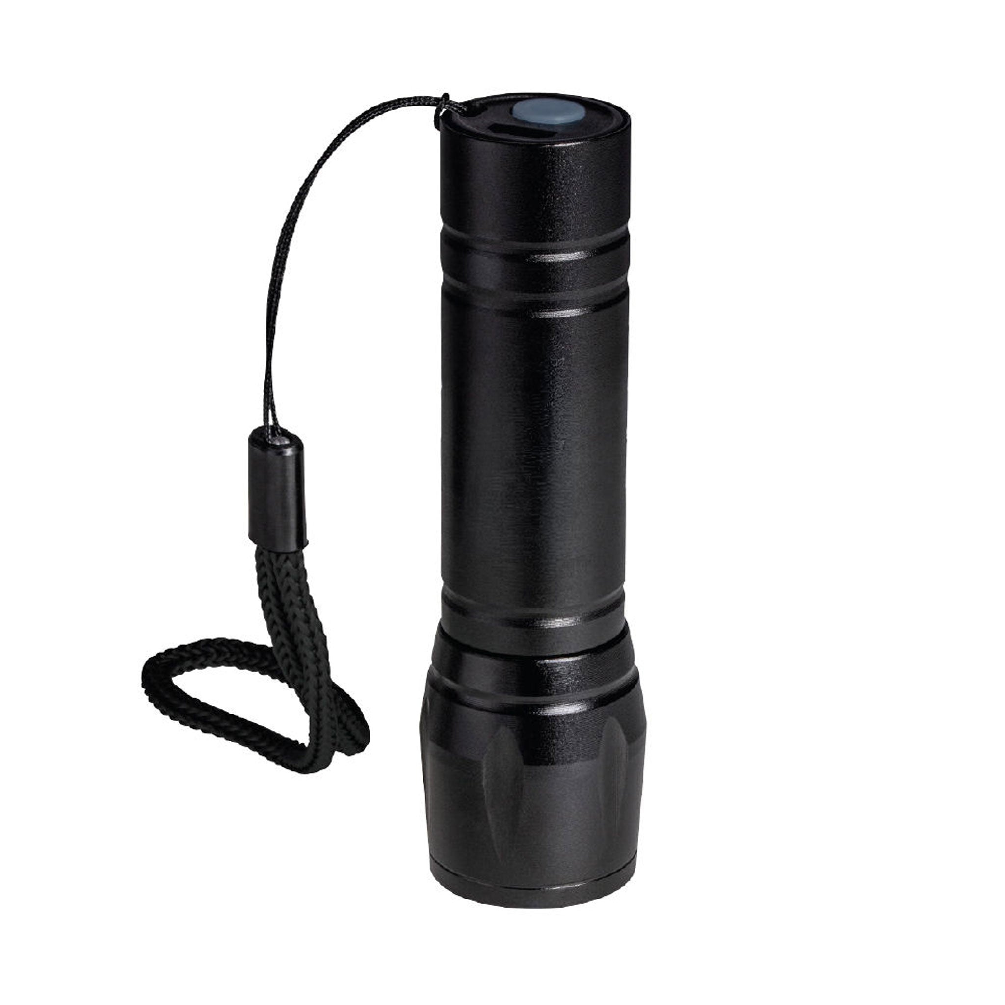 LED-Taschenlampe Reeves-Augusta in Schwarz stehend mit Griffband