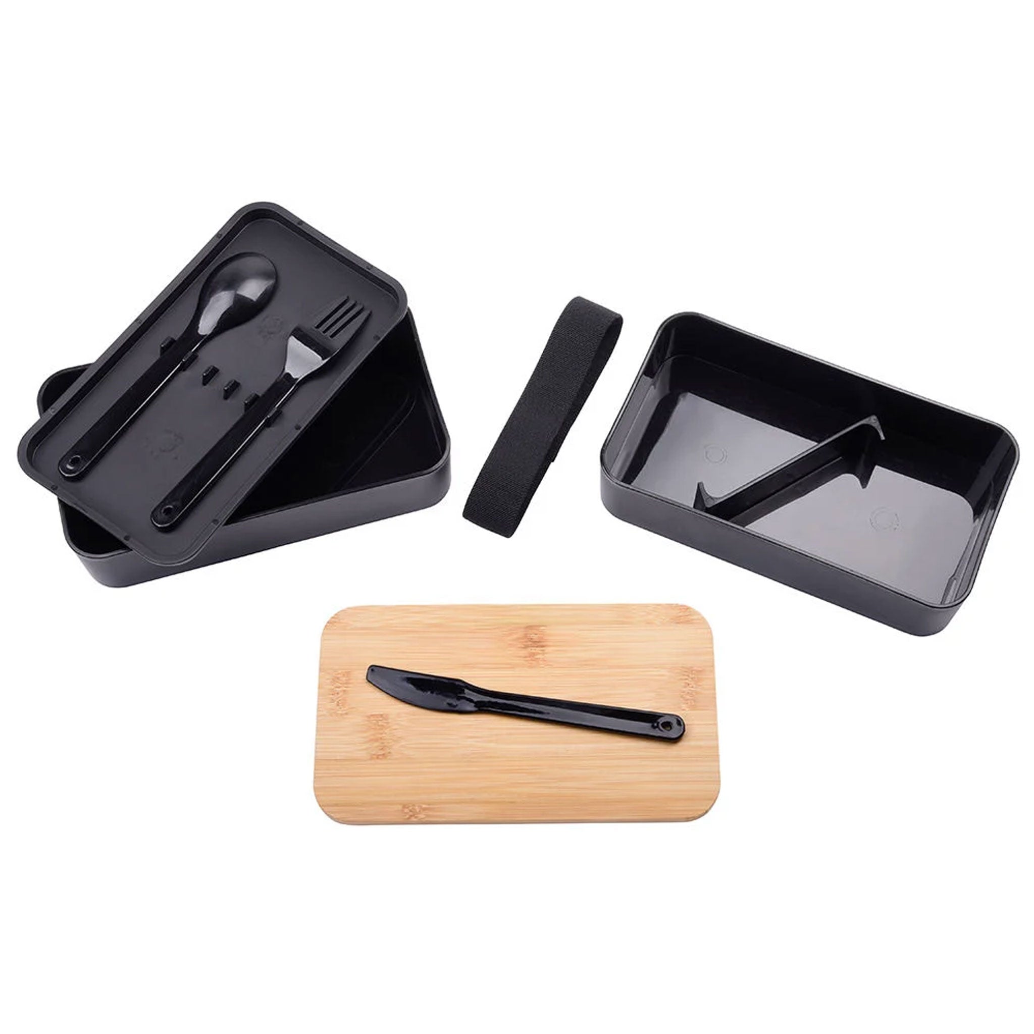 Schwarze Lunchbox Double Level in geöffneter Darstellung mit zwei Ebenen, Trenneinsatz, Besteck und Bambusdeckel.