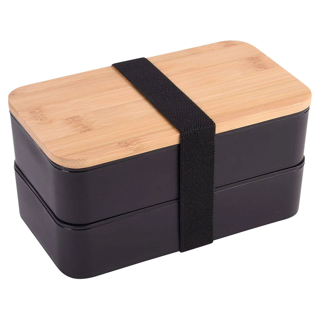 Geschlossene schwarze Lunchbox Double Level mit Bambusdeckel und schwarzem Gummiband.