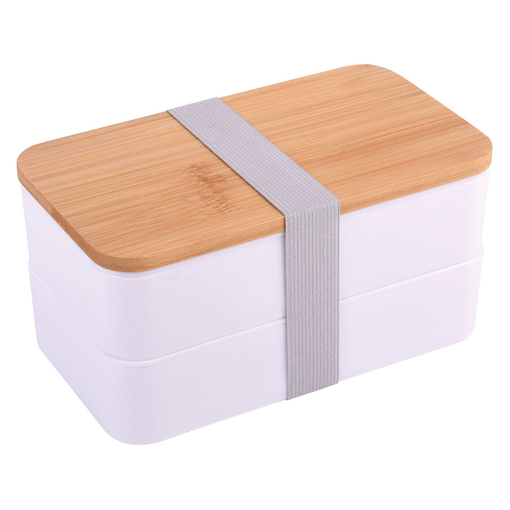 Geschlossene weiße Lunchbox Double Level mit Bambusdeckel und grauem Gummiband.