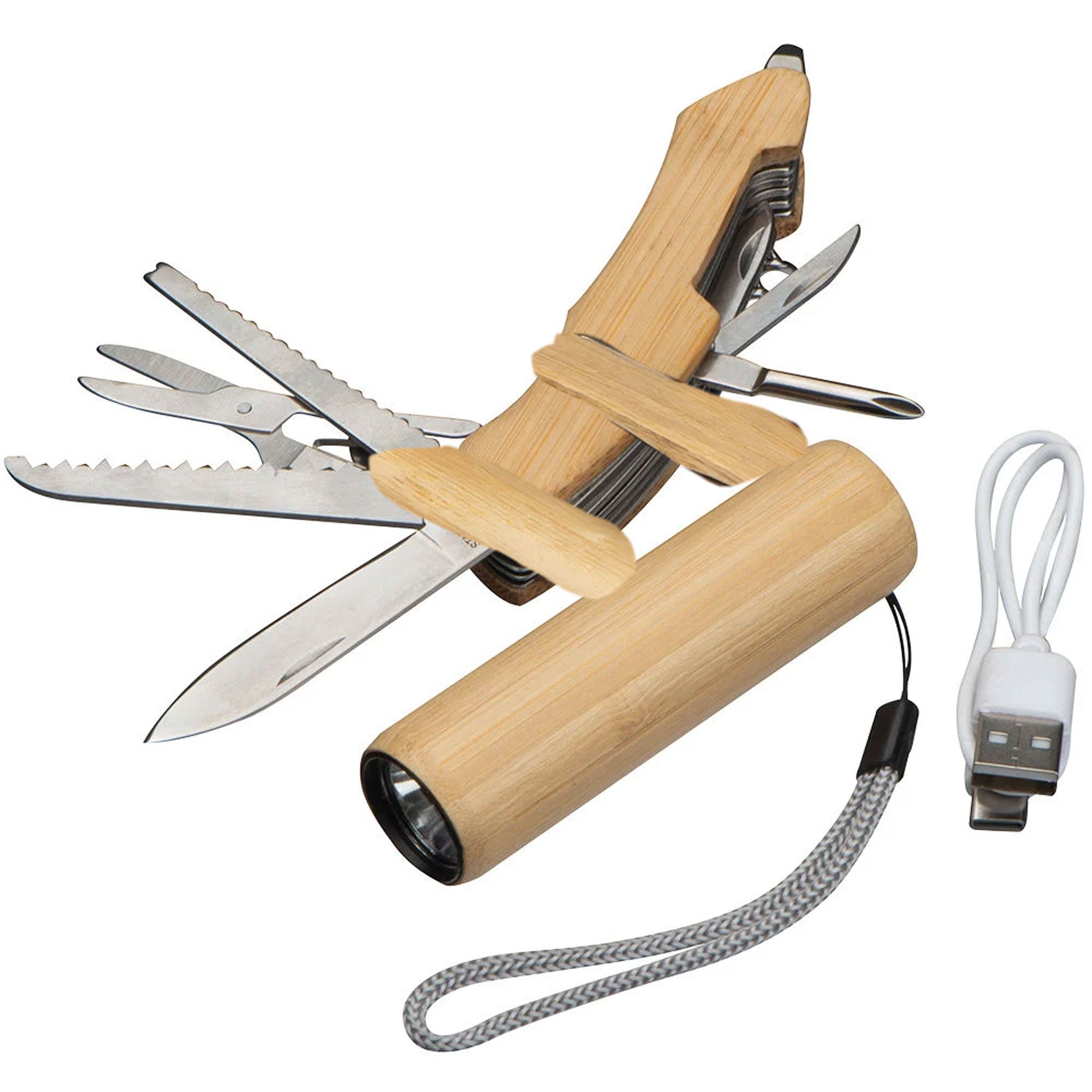Geöffnetes Multifunktionstaschenmesser aus Bambus mit Taschenlampe und USB-C-Ladekabel