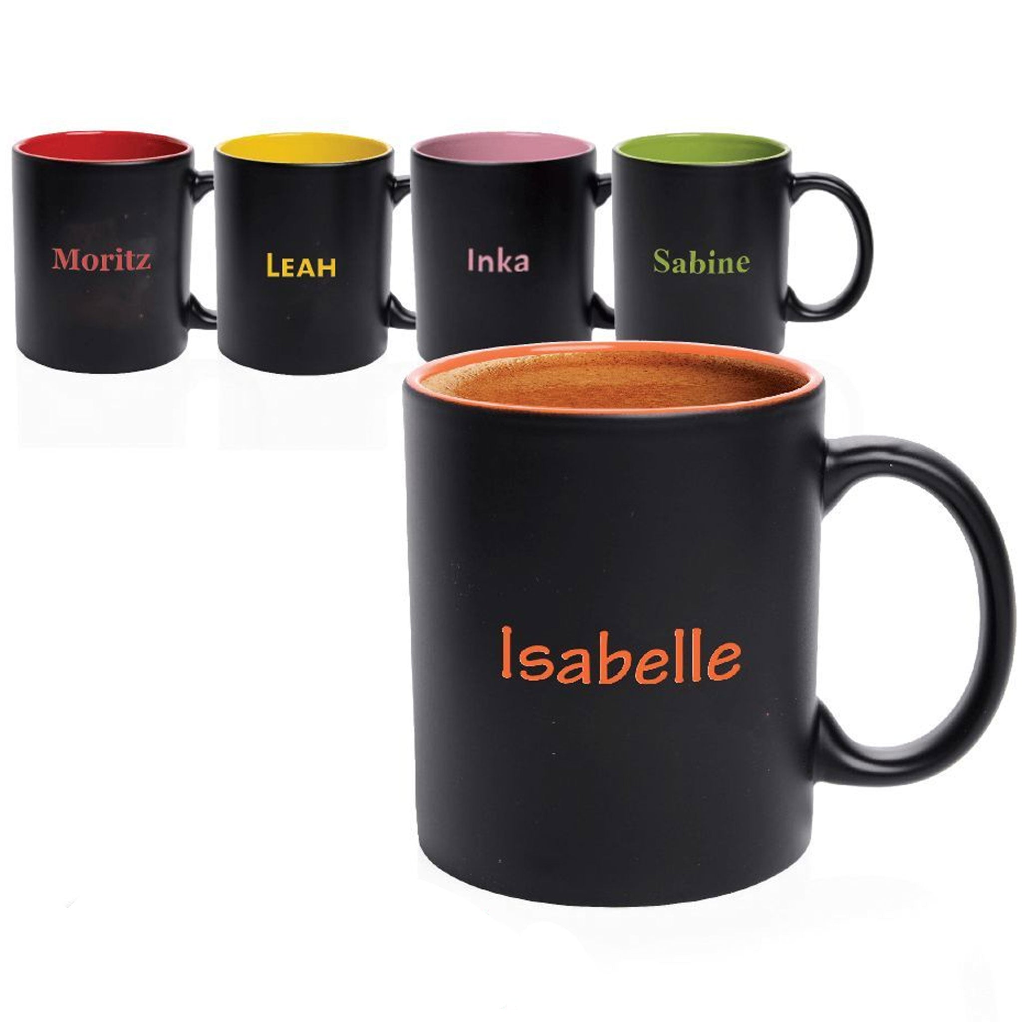 Personalisierte Tasse Bafy 350 ml mit mattschwarzer Oberfläche und Namensgravur in Innenfarbe