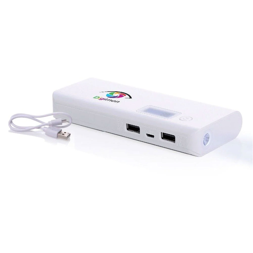 Weiße Powerbank mit 10.000 mAh und Druck auf der Vorderseite