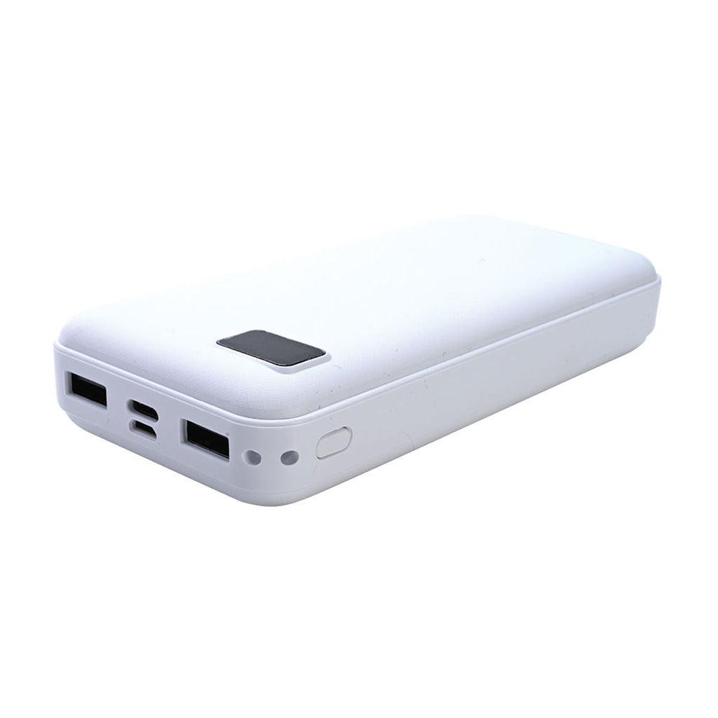 Weiße Powerbank in Seitenansicht mit USB-A, USB-C und Micro-USB Anschlüssen