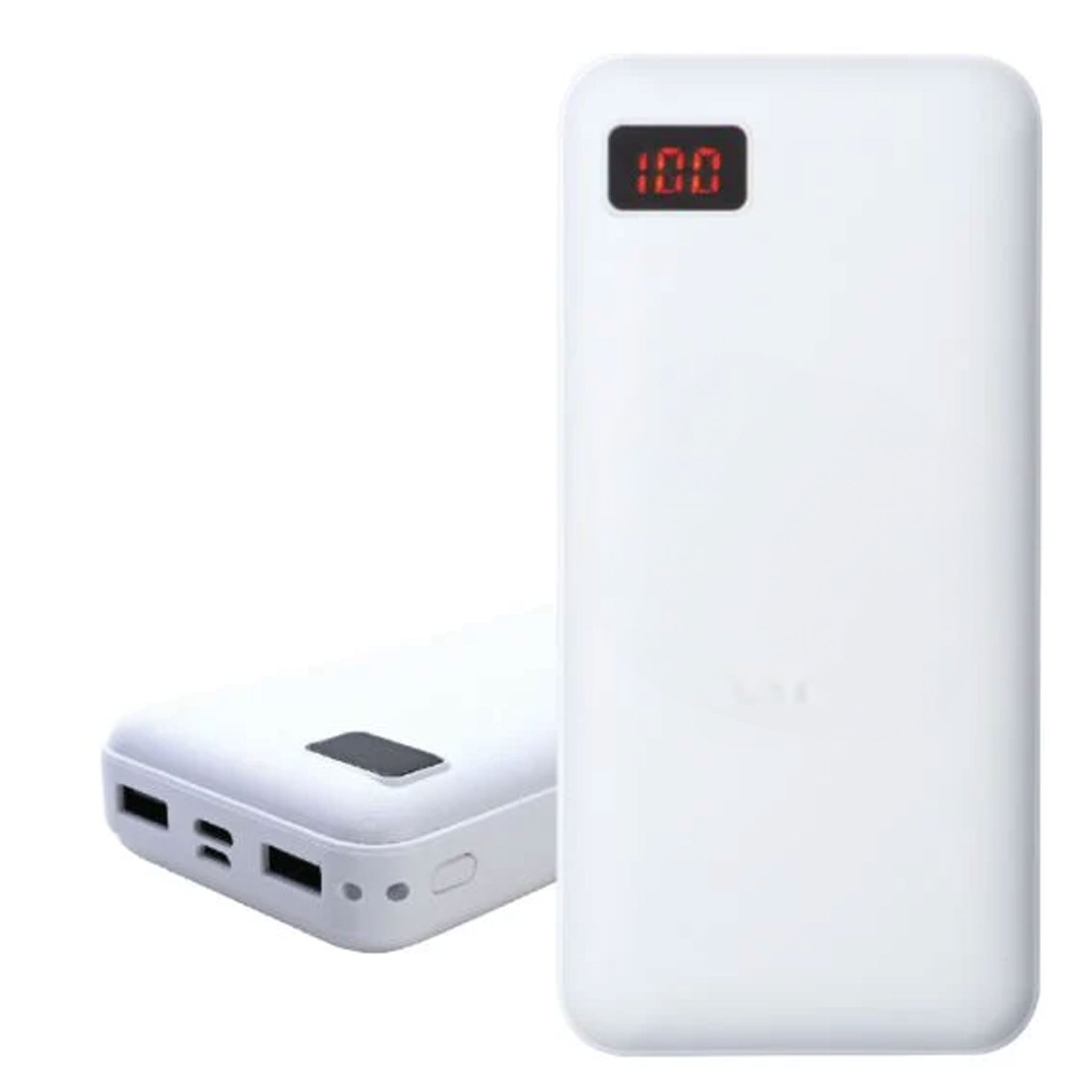 Weiße Powerbank in Seitenansicht mit USB-A, USB-C und Micro-USB Anschlüssen