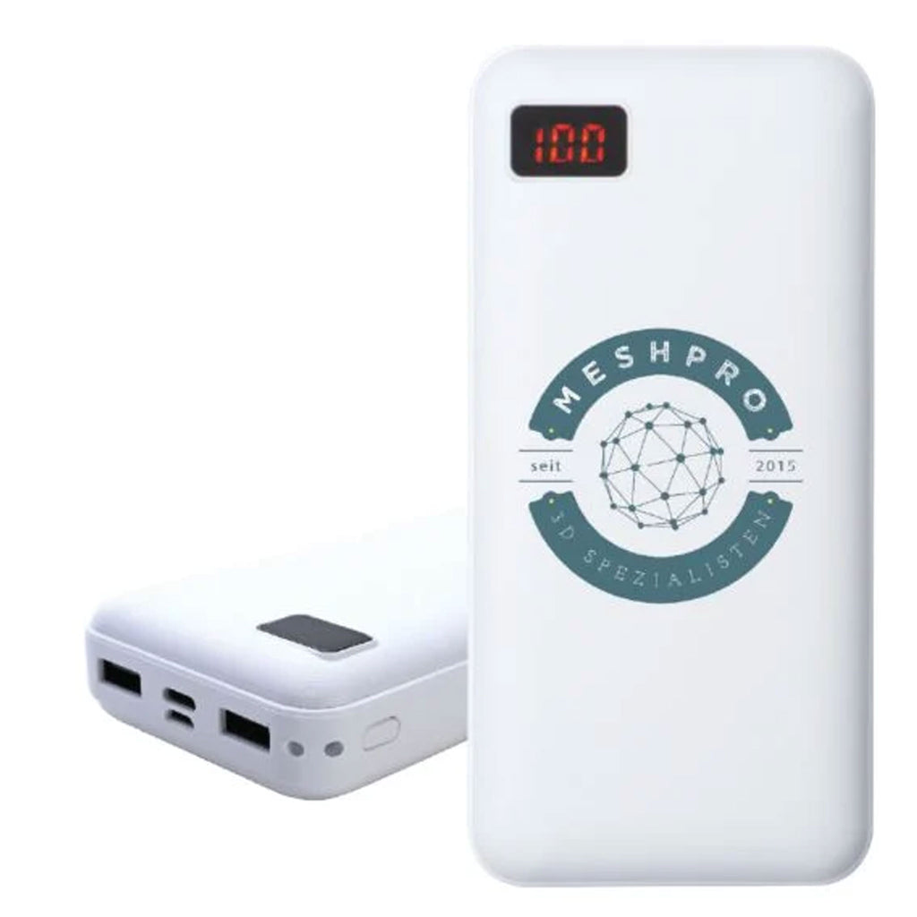 Weiße Powerbank mit Druck auf der Vorderseite und Ladestandanzeige