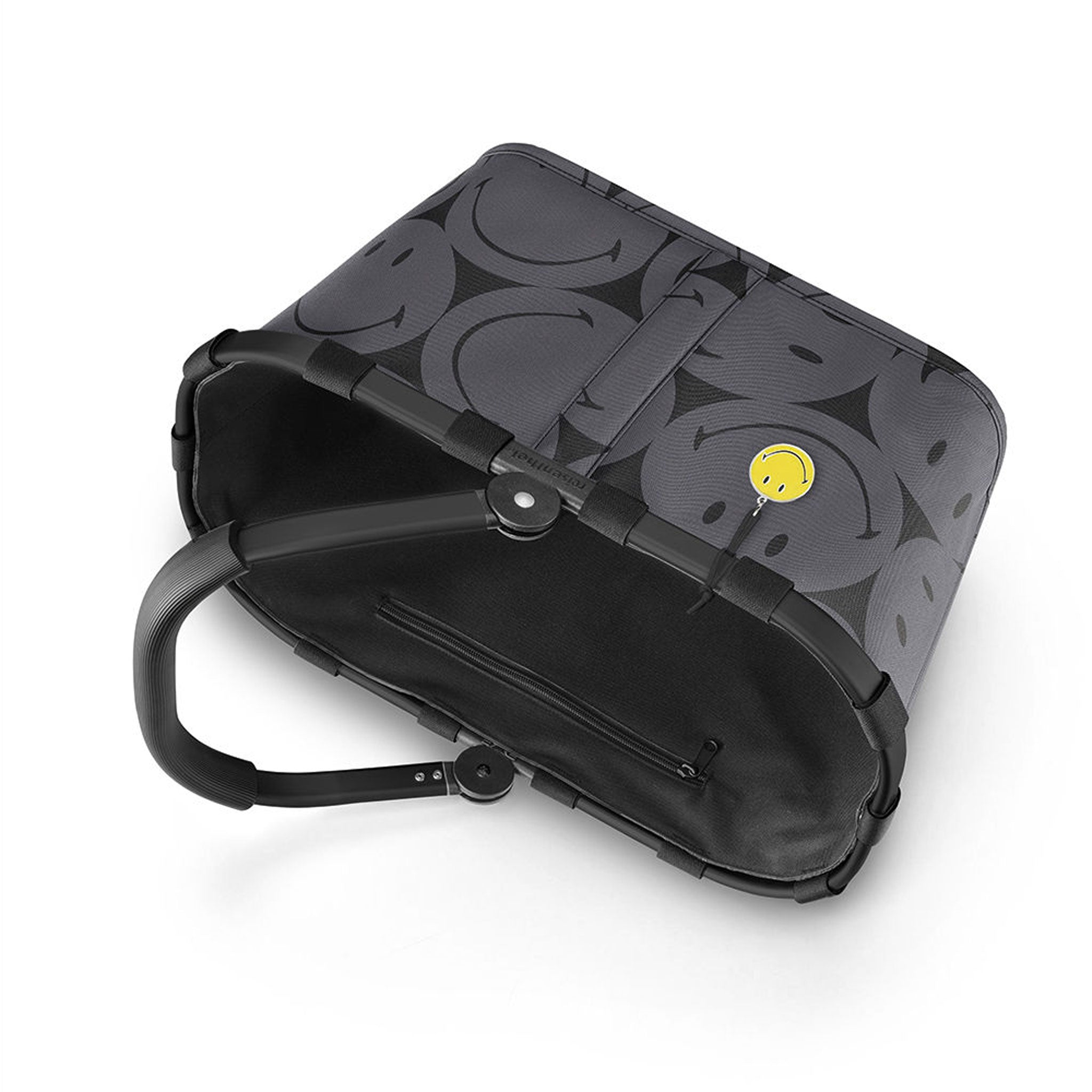 Reisenthel Carrybag Smiley grey in Draufsicht mit offenem Innenraum und Smiley Motiv
