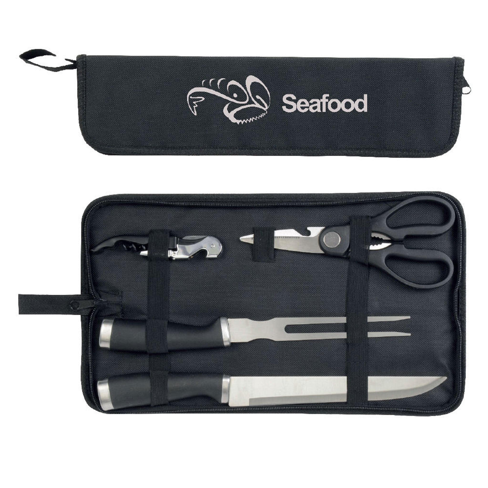 Tranchier Set Roasty aus Edelstahl mit Druck auf der schwarzen Nylontasche