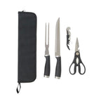 Tranchier Set Roasty aus Edelstahl mit Nylontasche, Fleischgabel, Fleischmesser, Kellnermesser und Schere