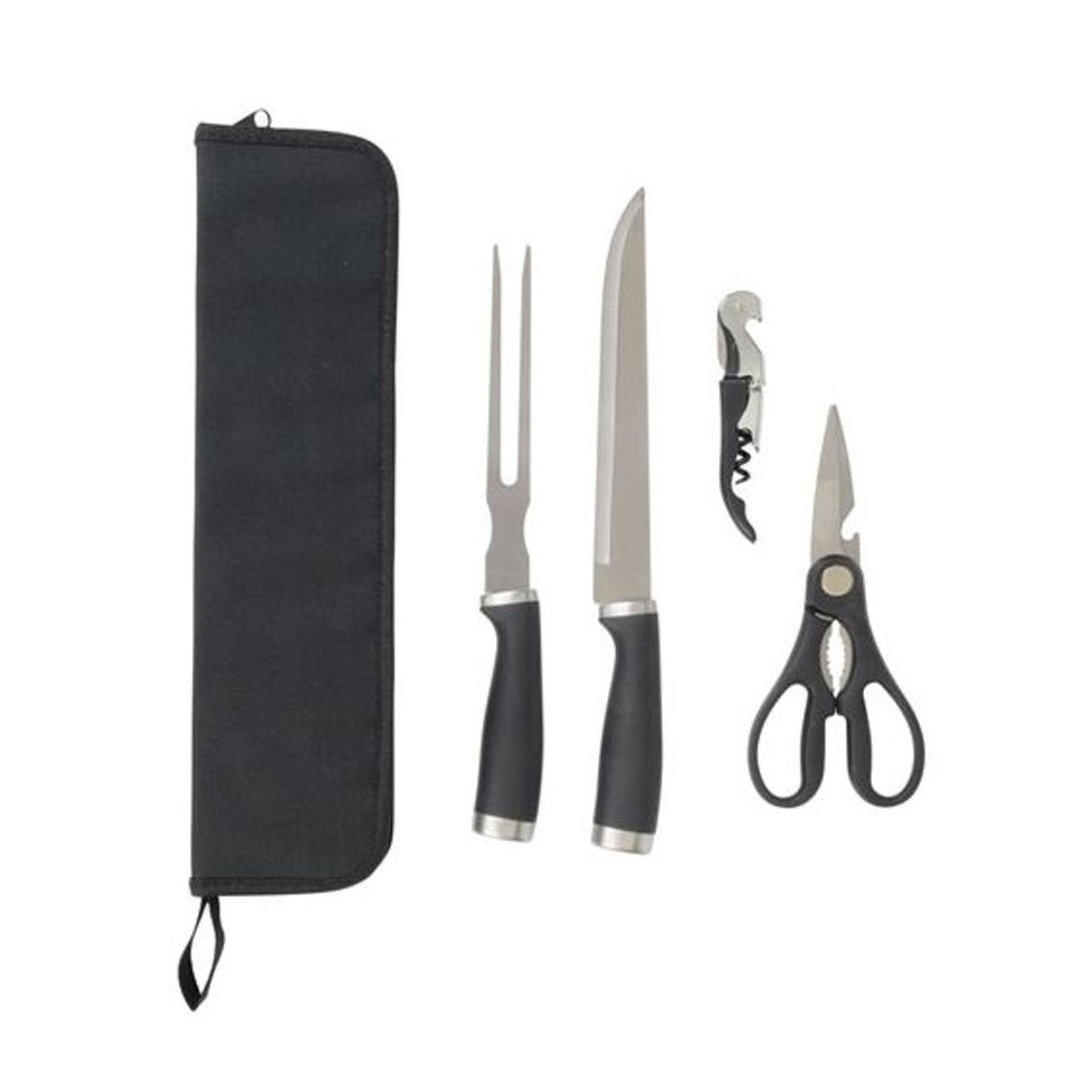 Tranchier Set Roasty aus Edelstahl mit Nylontasche, Fleischgabel, Fleischmesser, Kellnermesser und Schere