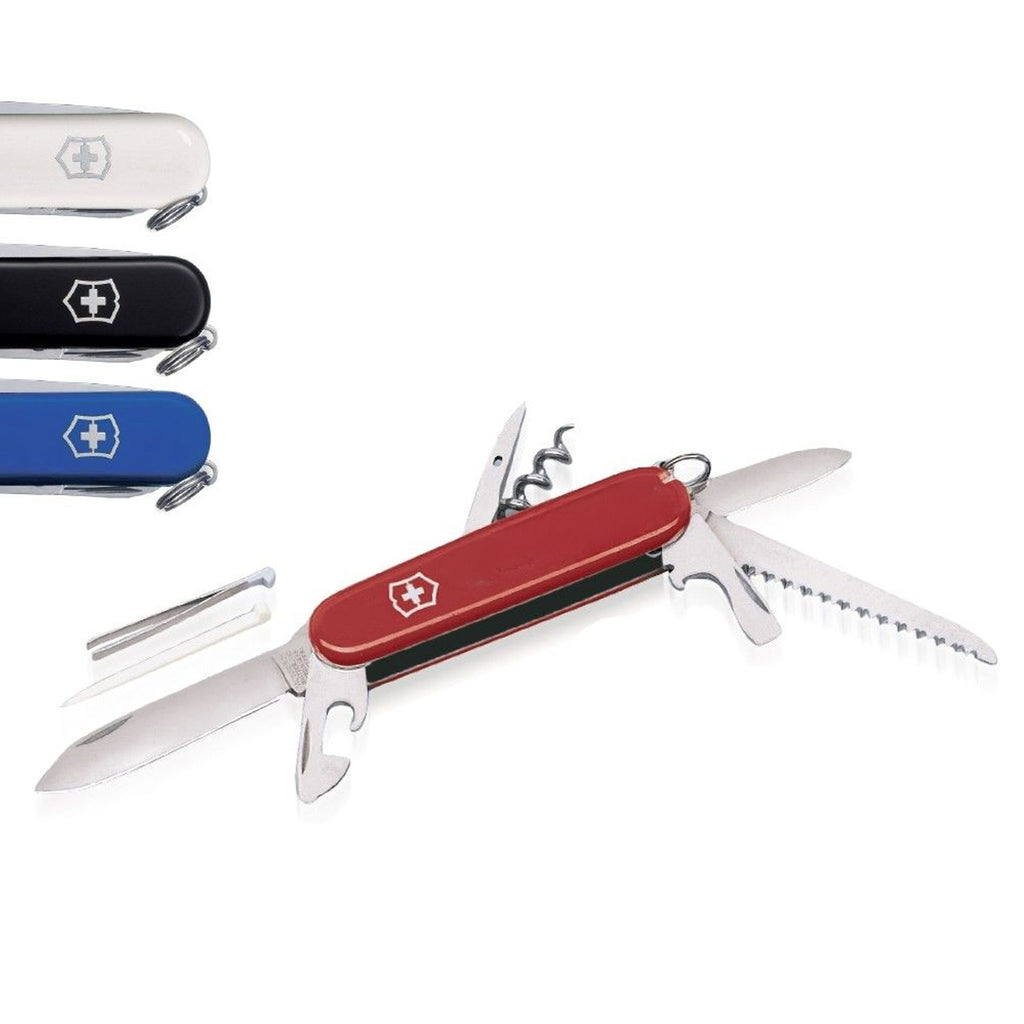 VICTORINOX Schweizer Messer Camper geöffnet in Rot, daneben Farbvarianten in Weiß, Schwarz und Blau