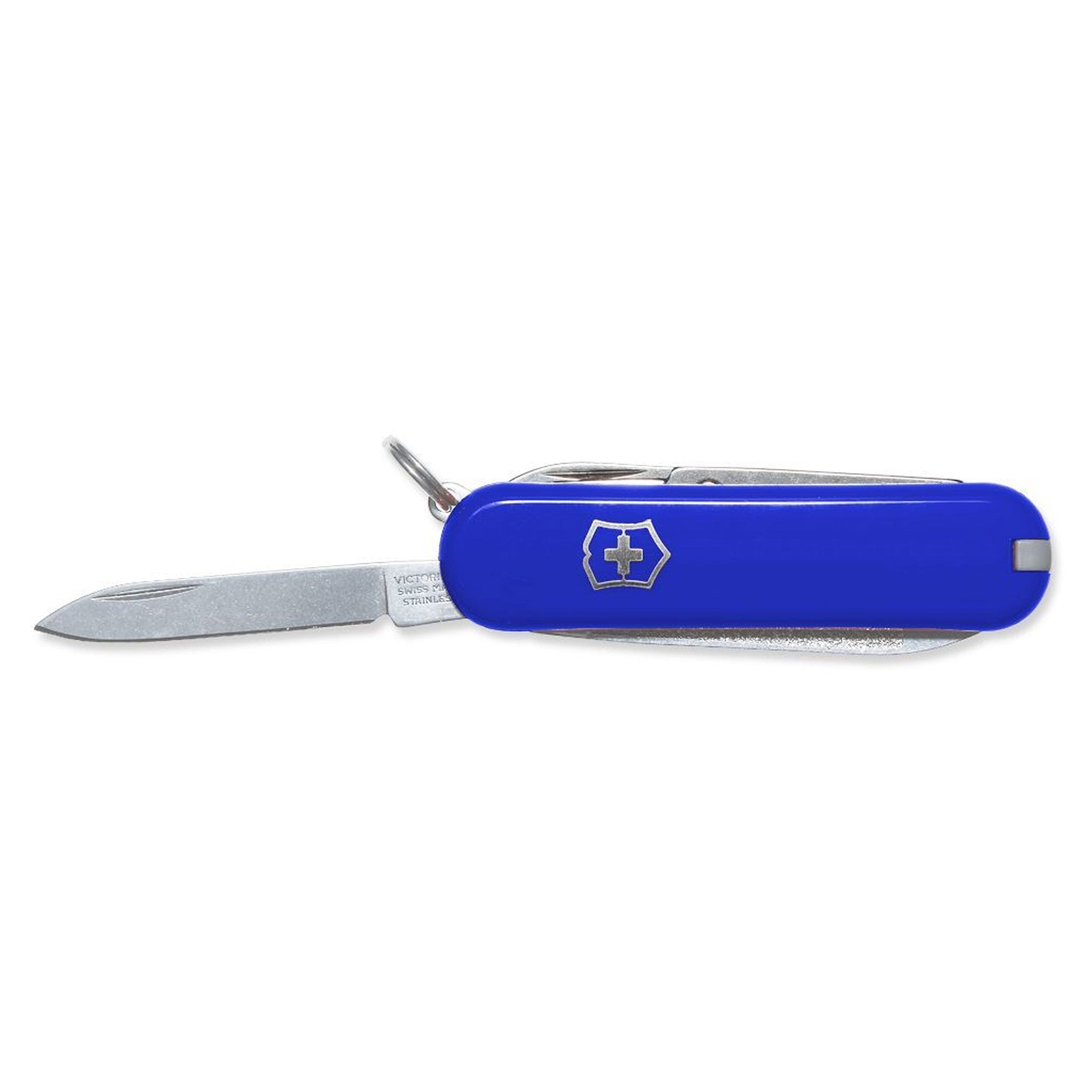 VICTORINOX Schweizer Messer Classic in Blau mit geöffneter kleiner Klinge und Schlüsselring