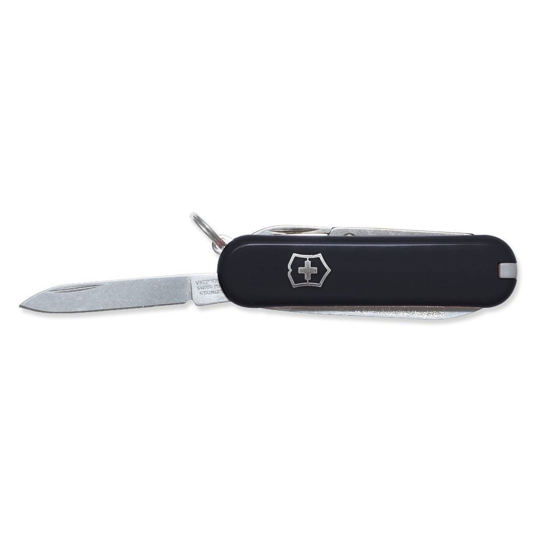 VICTORINOX Schweizer Messer Classic in Schwarz mit geöffneter kleiner Klinge und Schlüsselring