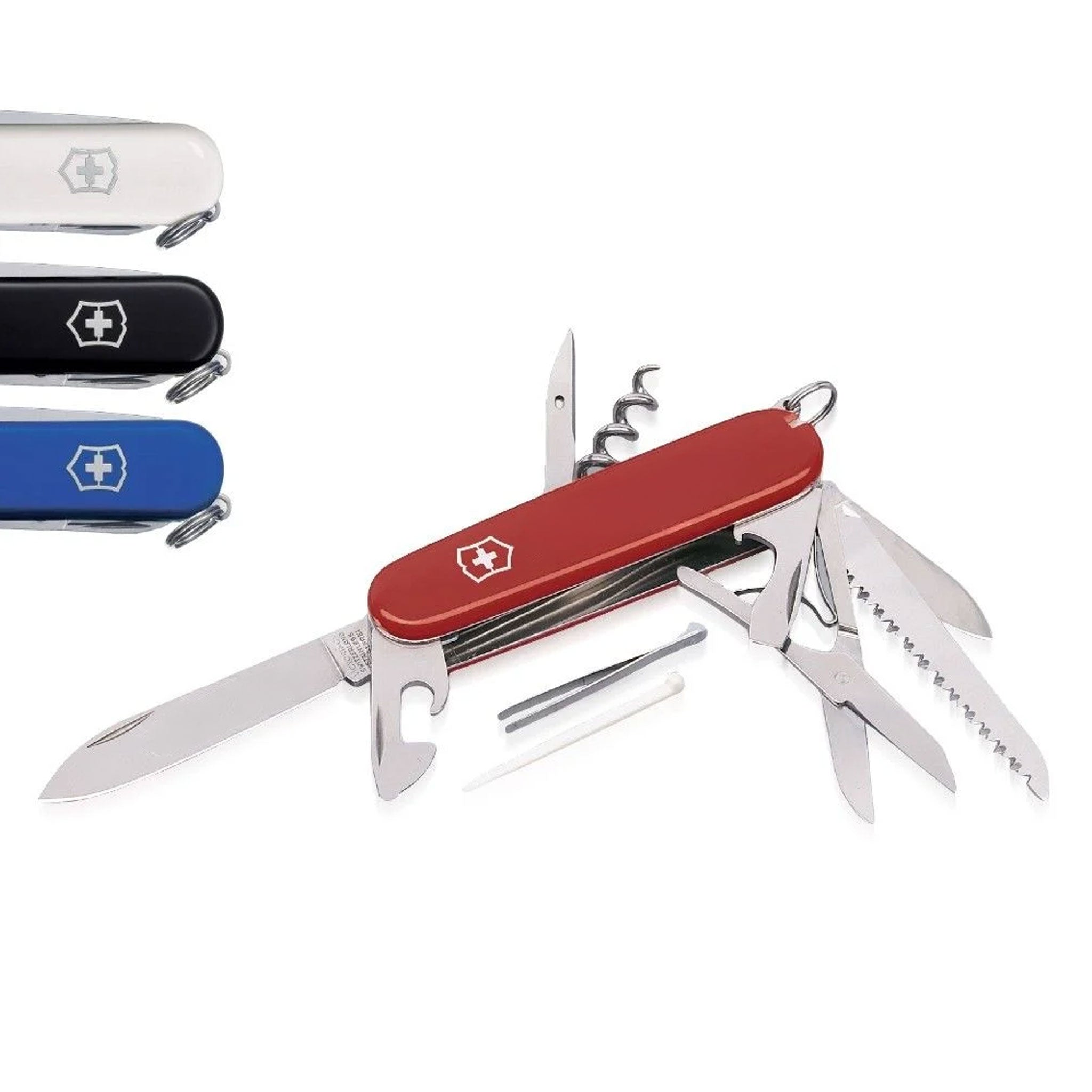 VICTORINOX Schweizer Messer Huntsman in Rot mit ausgeklappten Werkzeugen sowie Farbvarianten in Weiß, Schwarz und Blau