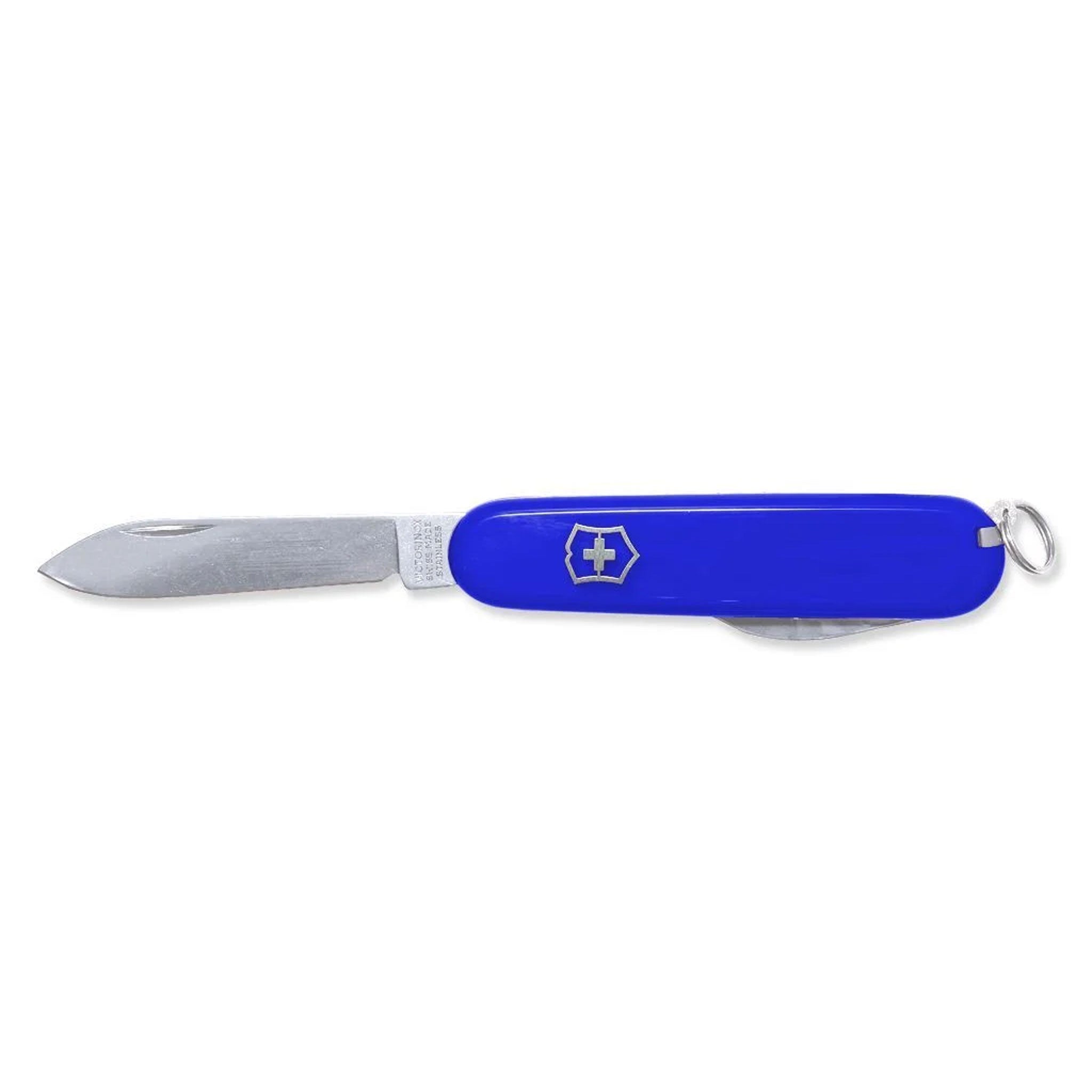VICTORINOX Schweizer Messer Tourist in Blau mit geöffneter großer Klinge und Schlüsselring