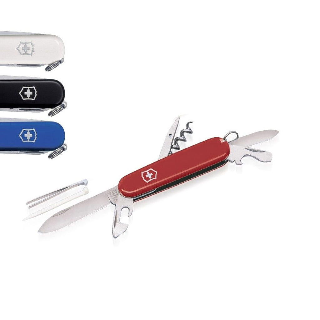 VICTORINOX Schweizer Messer Tourist in Rot ohne Werbedruck mit ausgeklappter Klinge, Korkenzieher und Werkzeugen