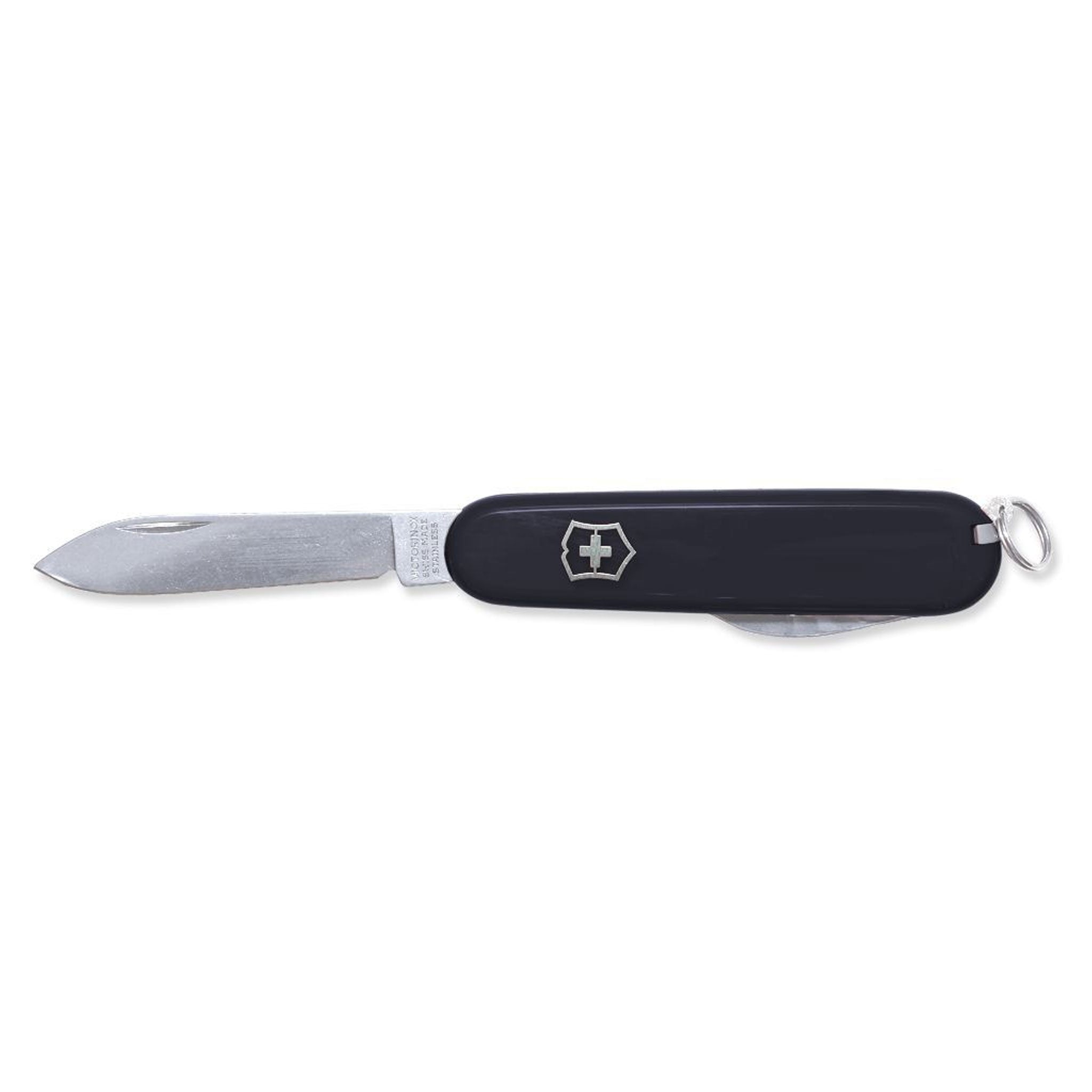 VICTORINOX Schweizer Messer Tourist in Schwarz mit geöffneter großer Klinge und Schlüsselring