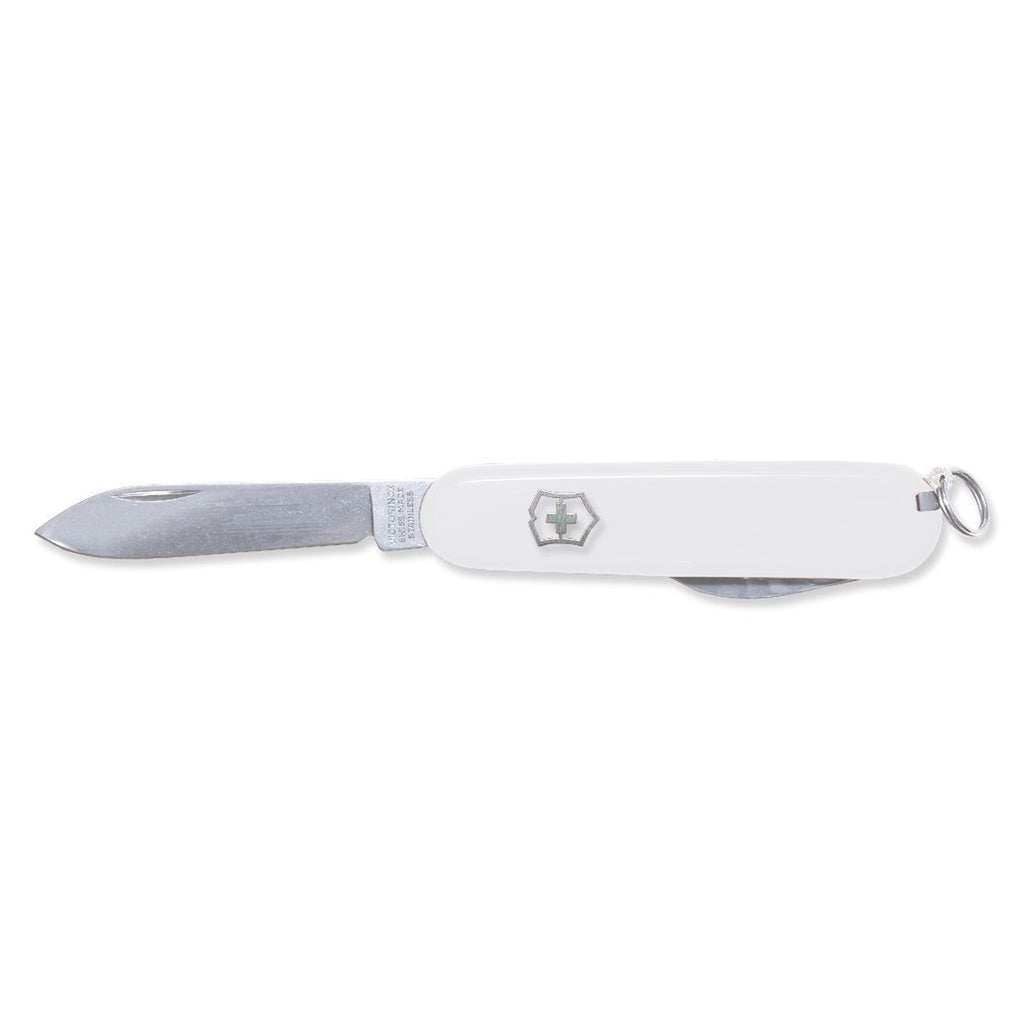 VICTORINOX Schweizer Messer Tourist in Weiß mit geöffneter großer Klinge und Schlüsselring