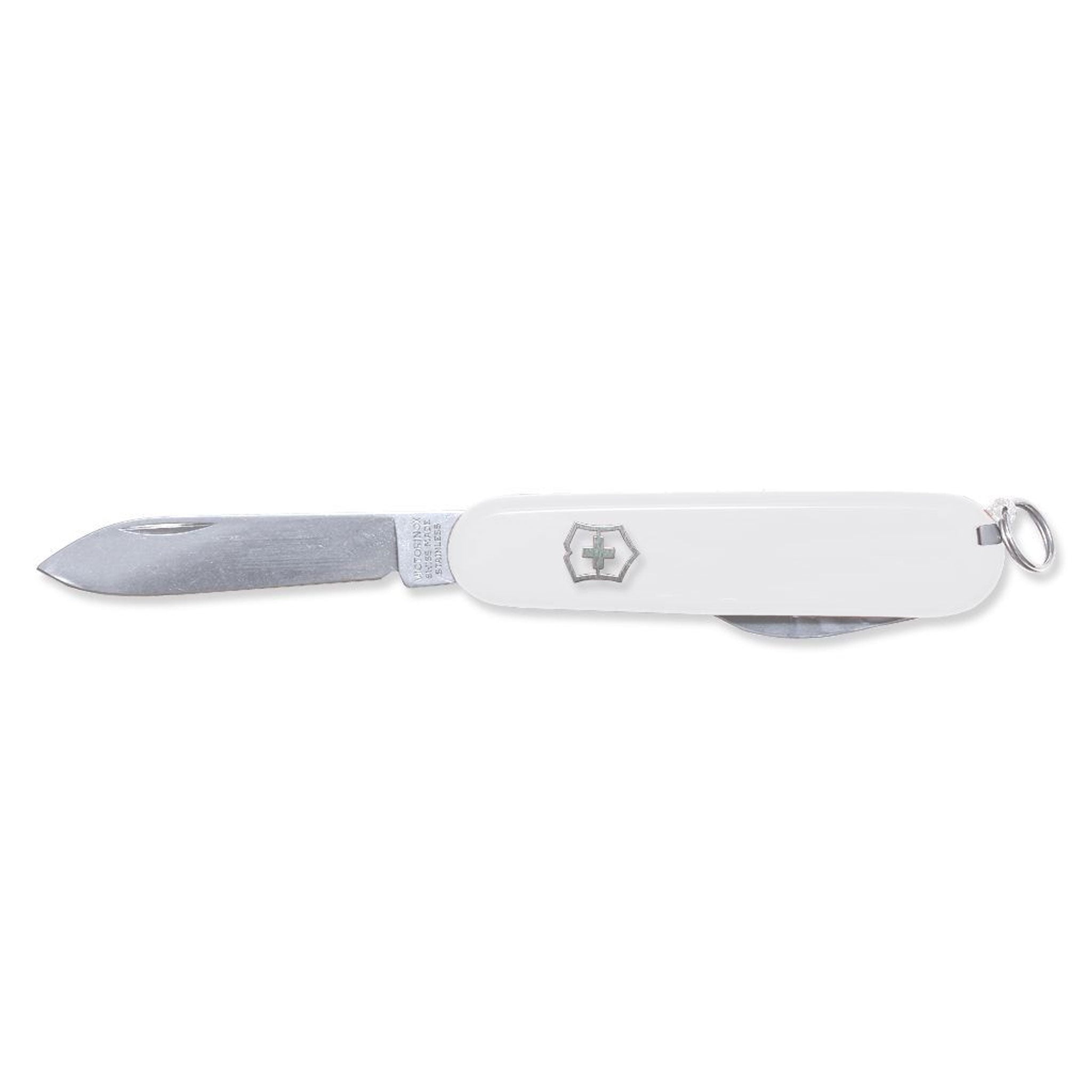 VICTORINOX Schweizer Messer Tourist in Weiß mit geöffneter großer Klinge und Schlüsselring