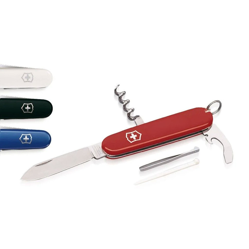 VICTORINOX Schweizer Messer Waiter in Rot ohne Werbedruck mit geöffneter Klinge, Korkenzieher, Zubehör und neutralen Ausführungen in blau, weiß und schwarz