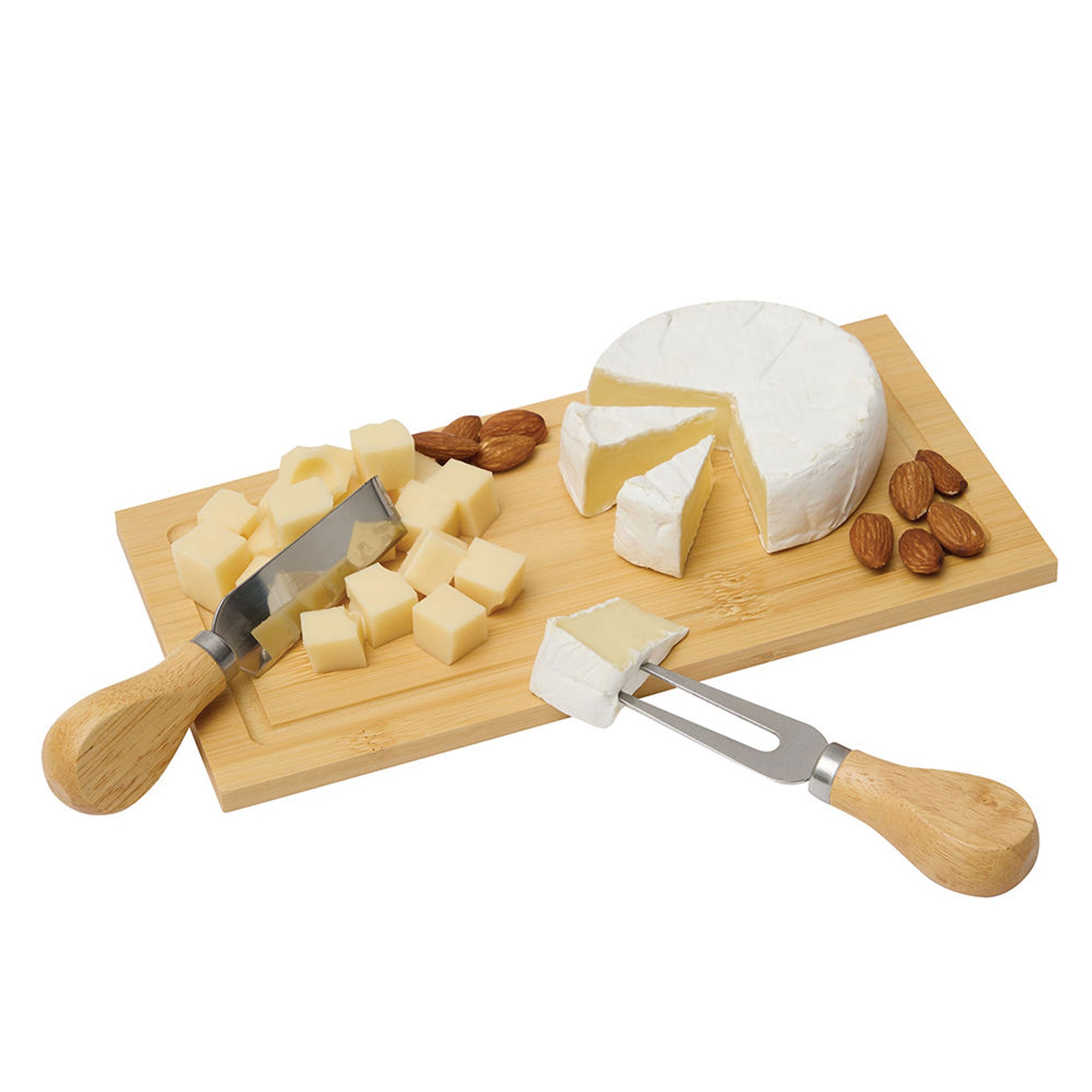 Wein und Käse Set in edler Bambusbox mit Käsemesser, Käsegabel und angerichtetem Käse auf dem Bambusbrett