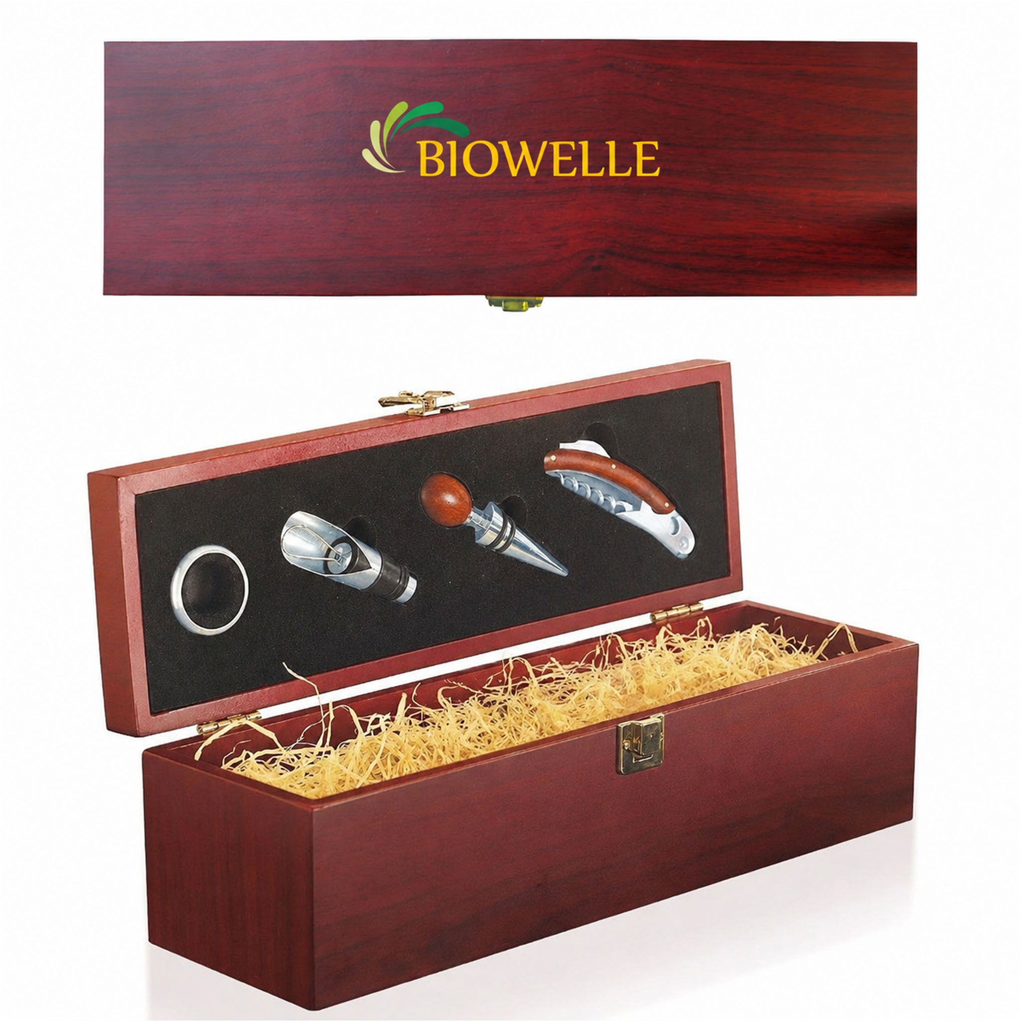 Edle Holzkiste für Wein mit Werbedruck auf dem Deckel und integriertem Flaschenzubehör