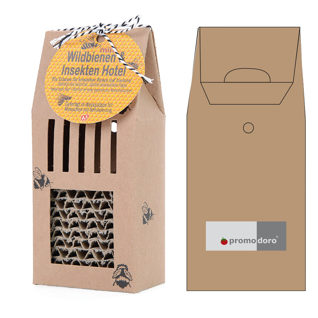 Wunderle Wildbienen-Hotel aus Naturpappe mit Wabenkarton in Hausform mit Druck